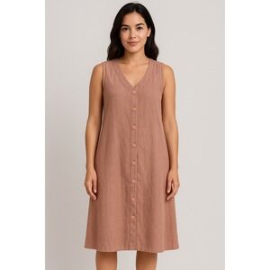 FLAX Linen Button Front Sleeveless Dress‎ Pink Textured Minimalist Lagenlook L